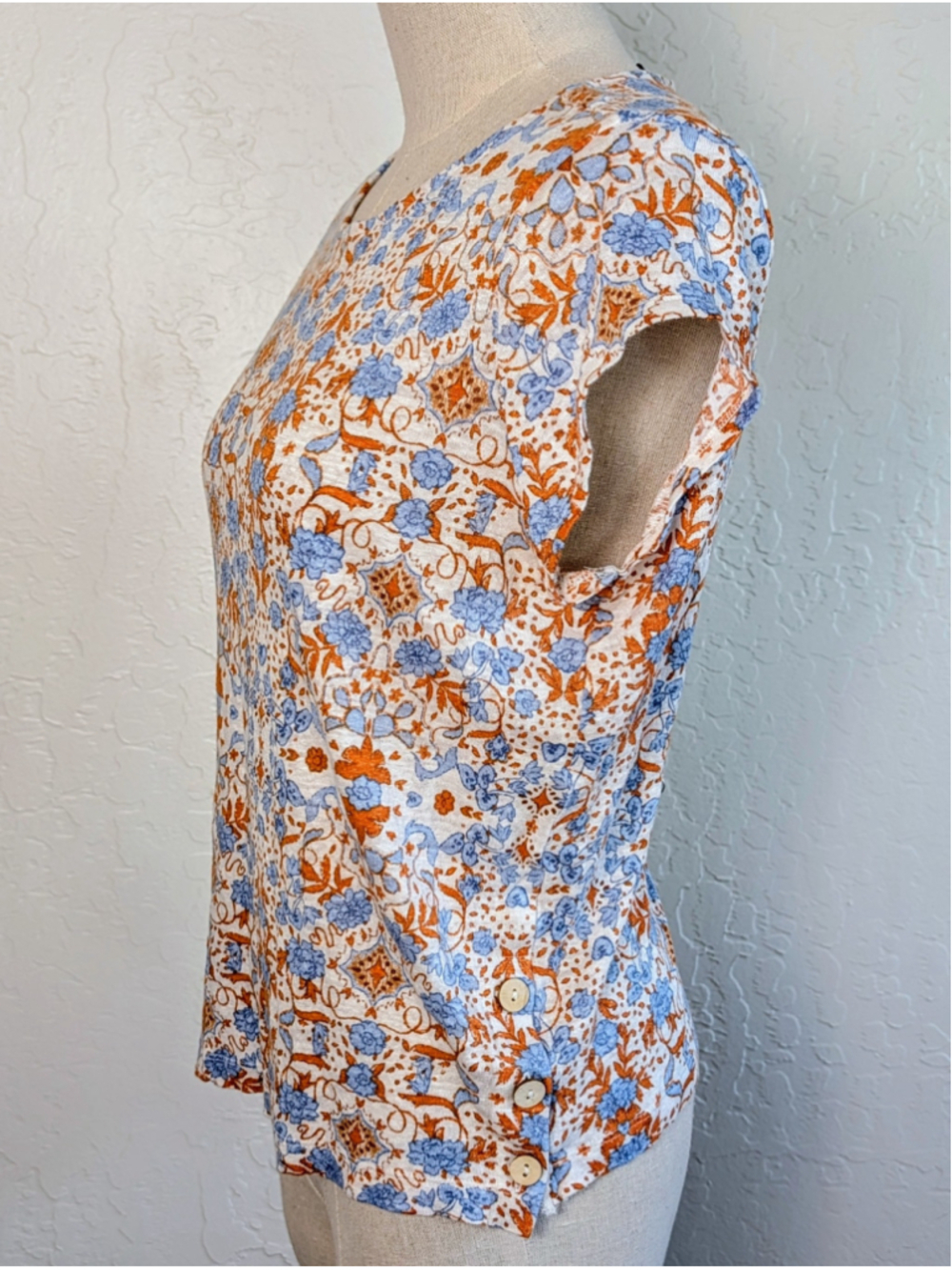 Rachel Zoe Linen Top M Blue Orange Floral Boho Coastal Lightweight Blouse - Picture 5 of 12